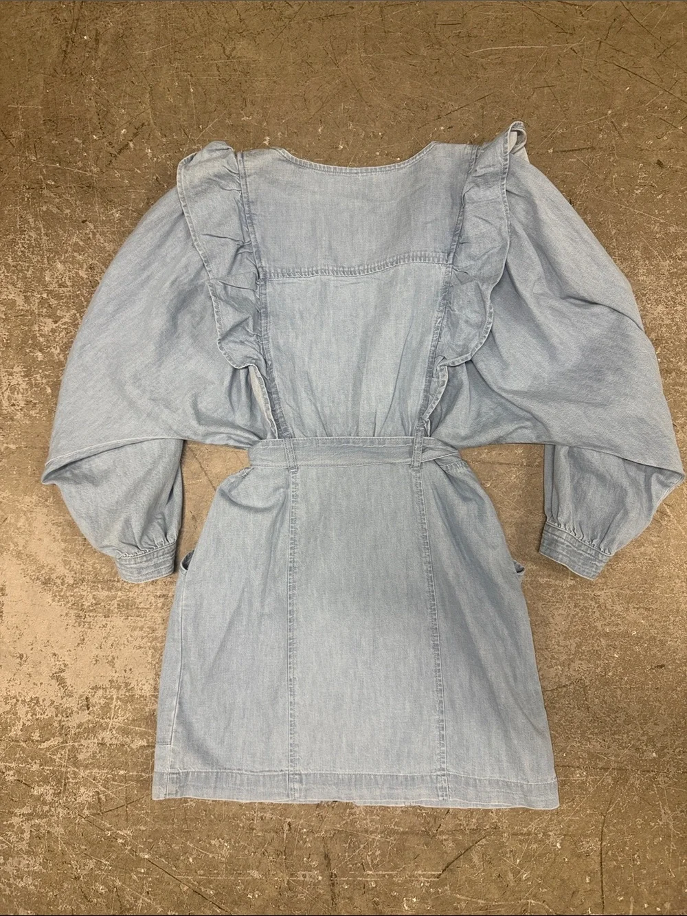 Free People Light Blue Denim Ruffle Mini Dress with Tie Waist